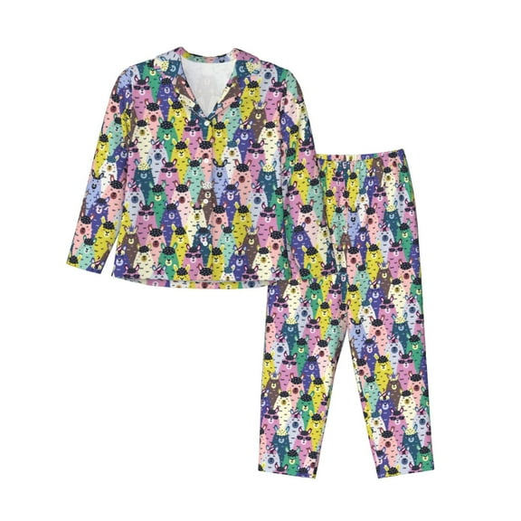 Logiee Llamas Colorful Print Womens Pajamas Set,Long Sleeve Sleepwear,Button Down Lounge Set 2 Pieces,Soft Nightwear Pjs Set-Small