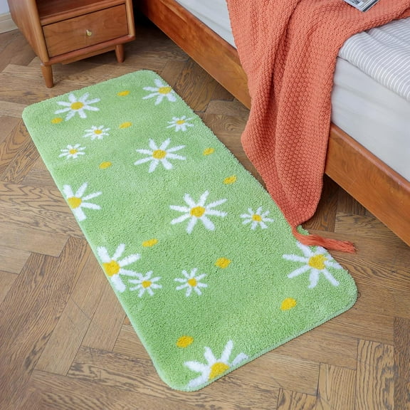 Green Daisy Bedroom Rug, Lovely Non-Slip Washable Soft Runner Rugs, Indoor Microfiber Area Rug for Bathroom Living Room Fast Dry