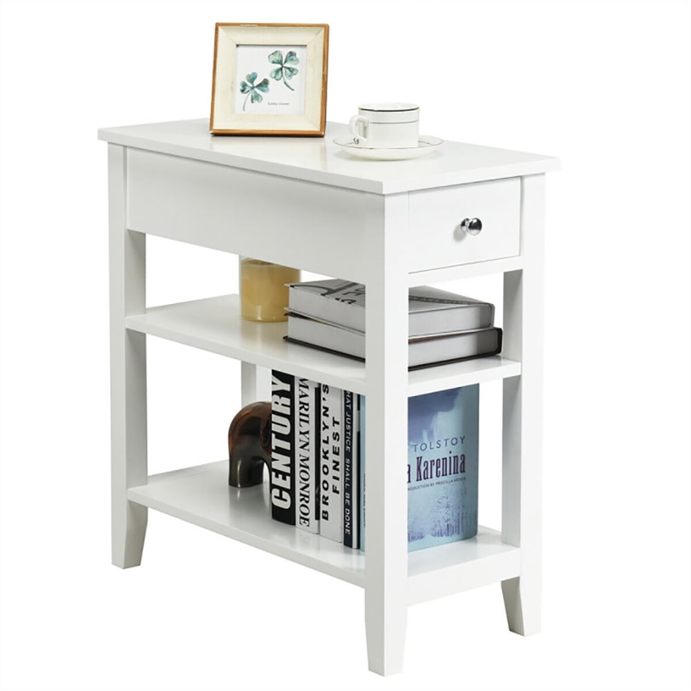 Finihen Nightstand, Bed Side Tables, 3-Tier Nightstand Bedside Table Sofa Side with Double Shelves Drawer, for Bedroom, White