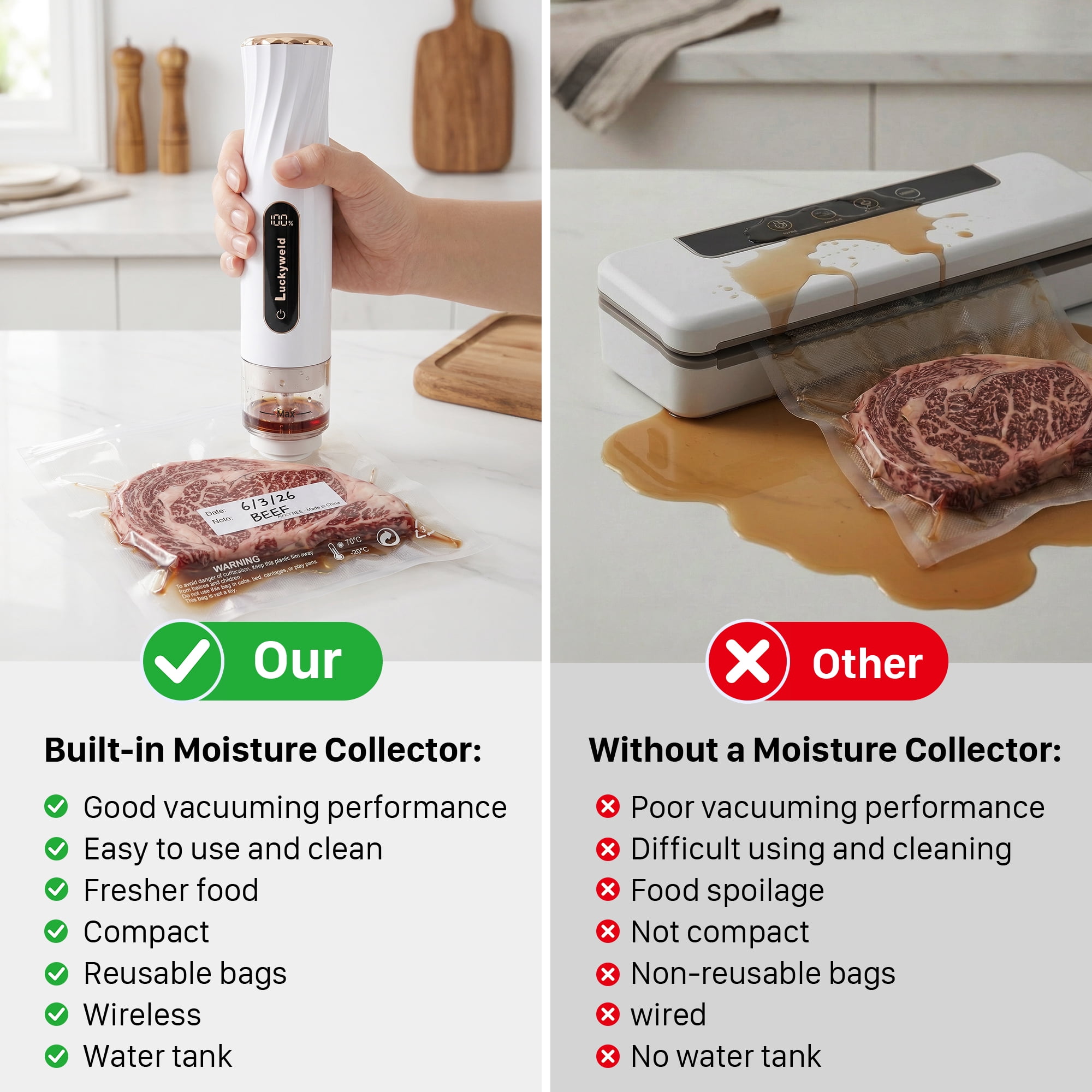 Handheld Vacuum Sealer for Food, 30 Reusable Bags & Battery Level Indicator for Kitchen,Gifts for Mom, Wife, Chef & Home