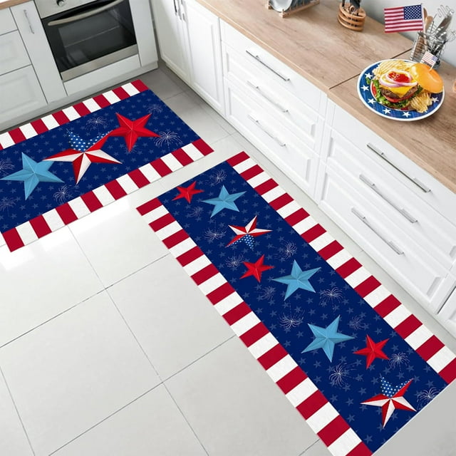 Two Piece Independence Day Kitchen Rug Set With Non Slip Patriotic Doormats In Red White And Blue Flag Pattern For Sink And Stove Areas