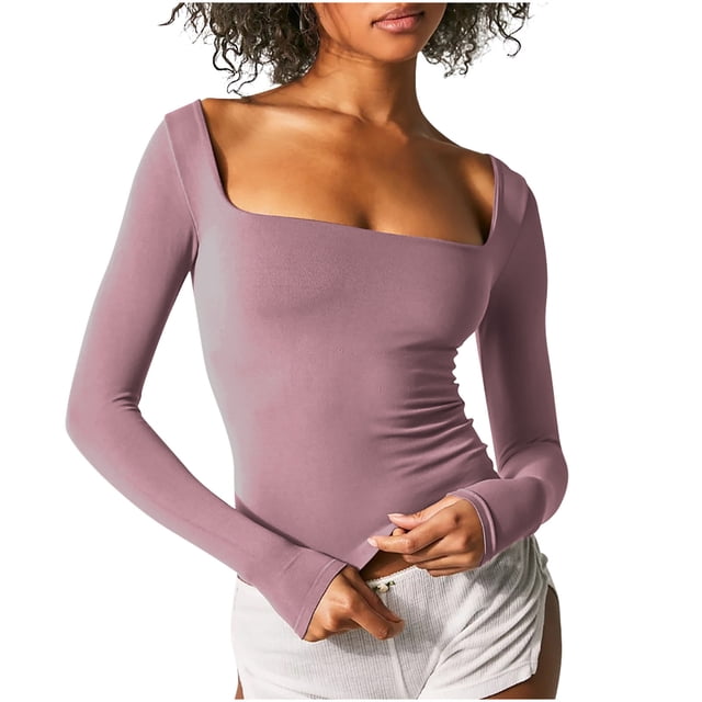 FAIWAD Women's Long Sleeve Square Neck Crop Tops Slim Solid Color Going Out Stretchy Basic Top