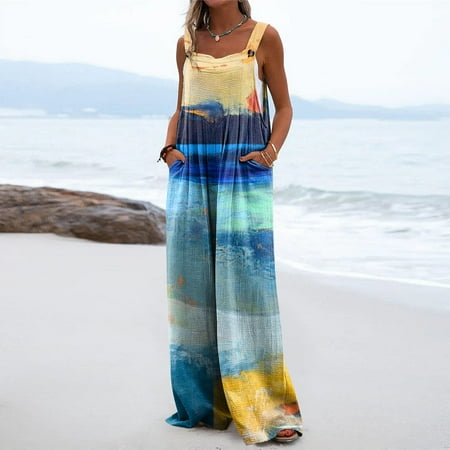 

QWANG Women s One-Piece Button Up Jumpsuit Casual Loose Sleeveless Rompers With Pockets