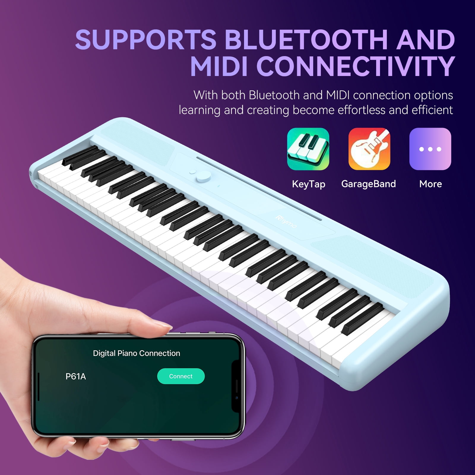 Rhymo 61 Key Smart Piano Keyboard for Beginners,Learning Keyboard with Light up Keys, Velocity Sensitive Electric Piano Keyboard & App Learning(Blue)