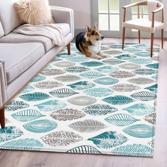 Leaves Specimens Area Rugs 4x6 ft Teal Green Grey White Background Washable Rug Non Slip Indoor Carpet Absorbent Floor Mat for Living Room Bedroom Dining Room