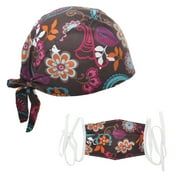 Opromo Scrub Cap Hat with Sweatband for Ponytail and Free Reusable Cotton Mask-Brown floral