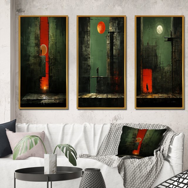 Designart "Urban Solitude under the Full Moon III" Modern Geometric Framed Wall Art Set Of 3 - Green Abstract Geometric Frame Canvas Set For Living Room Decor