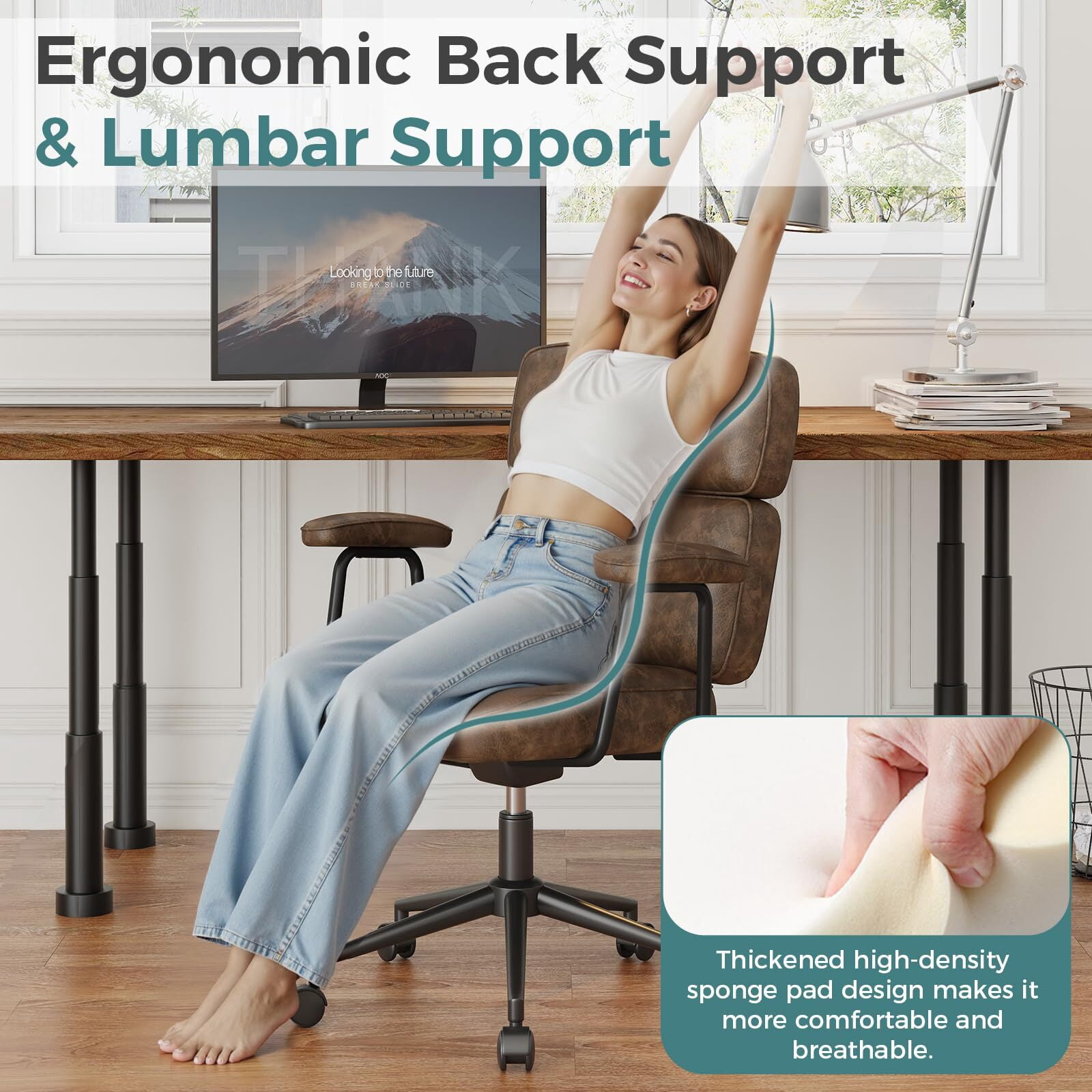Kelno Ergonomic PU Leather Office Chair 350lbs Capacity High Back Computer Chair with Lumbar Support Adjustable Rolling Swivel Task Chair, Brown