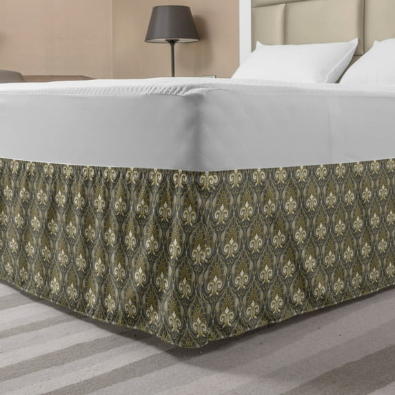 Vintage Bed Skirt, Traditional Pattern Classic Rich Ornaments on Grey Symmetric Royal Motifs, Elastic Bedskirt Dust Ruffle Wrap Around for Bedding Decor, 4 Sizes, Grey and Yellow, by Ambesonne