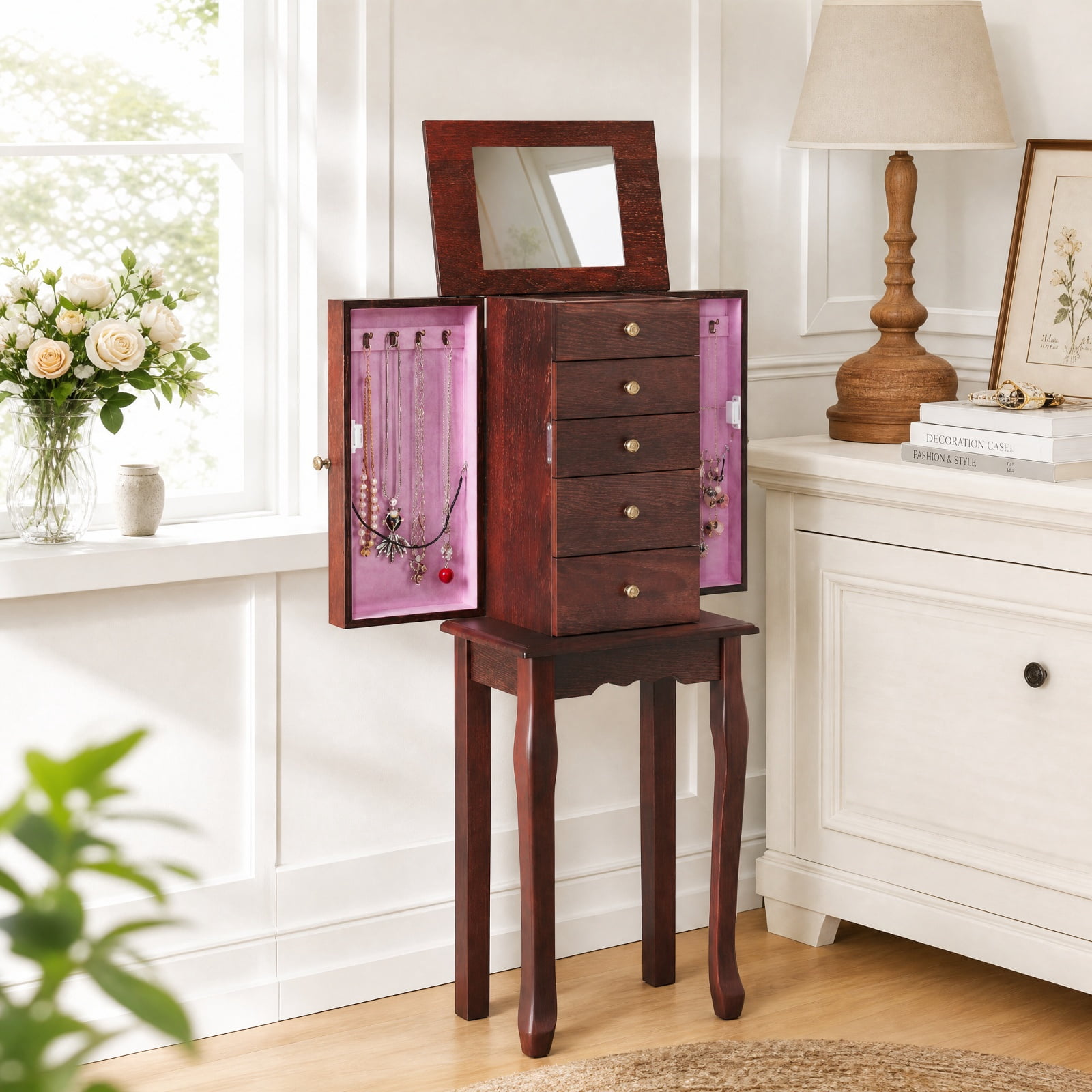 Furnibear 2 Colors Armoire Storage Standing Jewelry Cabinet with Mirror for Bedroom Dressing Room Jewelry Necklace Rings Storage Mirror, Brown