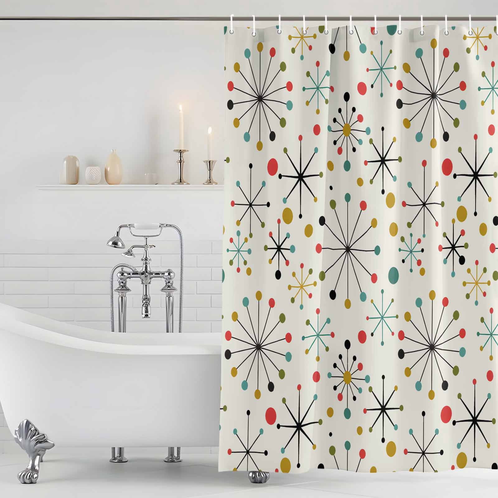 Shower Curtain Bathroom Set Mid Century Abstract Geometric Waterproof Fabric Shower Curtains with Grommets&Hooks, Modern Colorful Atomic Privacy Bath Curtain for Bathtub 72x84in