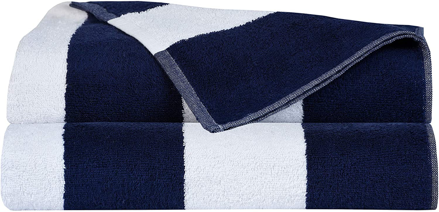 Large Beach Towels Cabana Stripe Pattern Navy Blue 2 Pack 100% Cotton  30x60" 