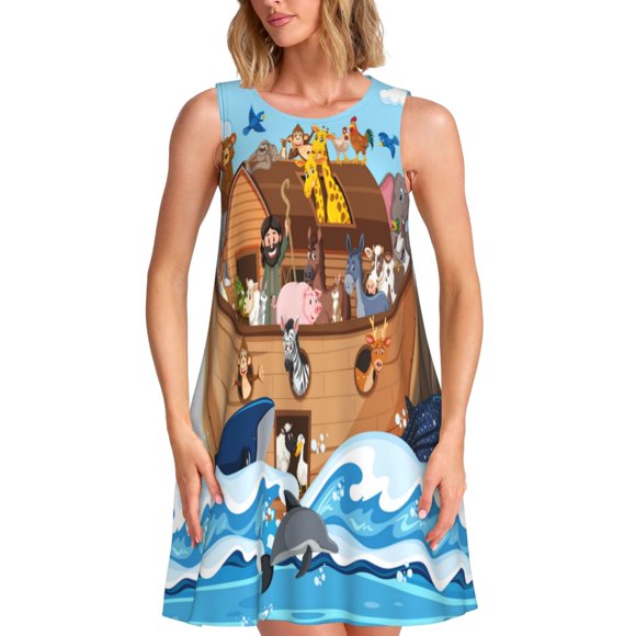 Bixox Animals on Noah's Ark Floating Print Women's Sleeveless A-Line Dress with Pockets, Casual Knee-Length Tank Dress for Summer-XX-Large