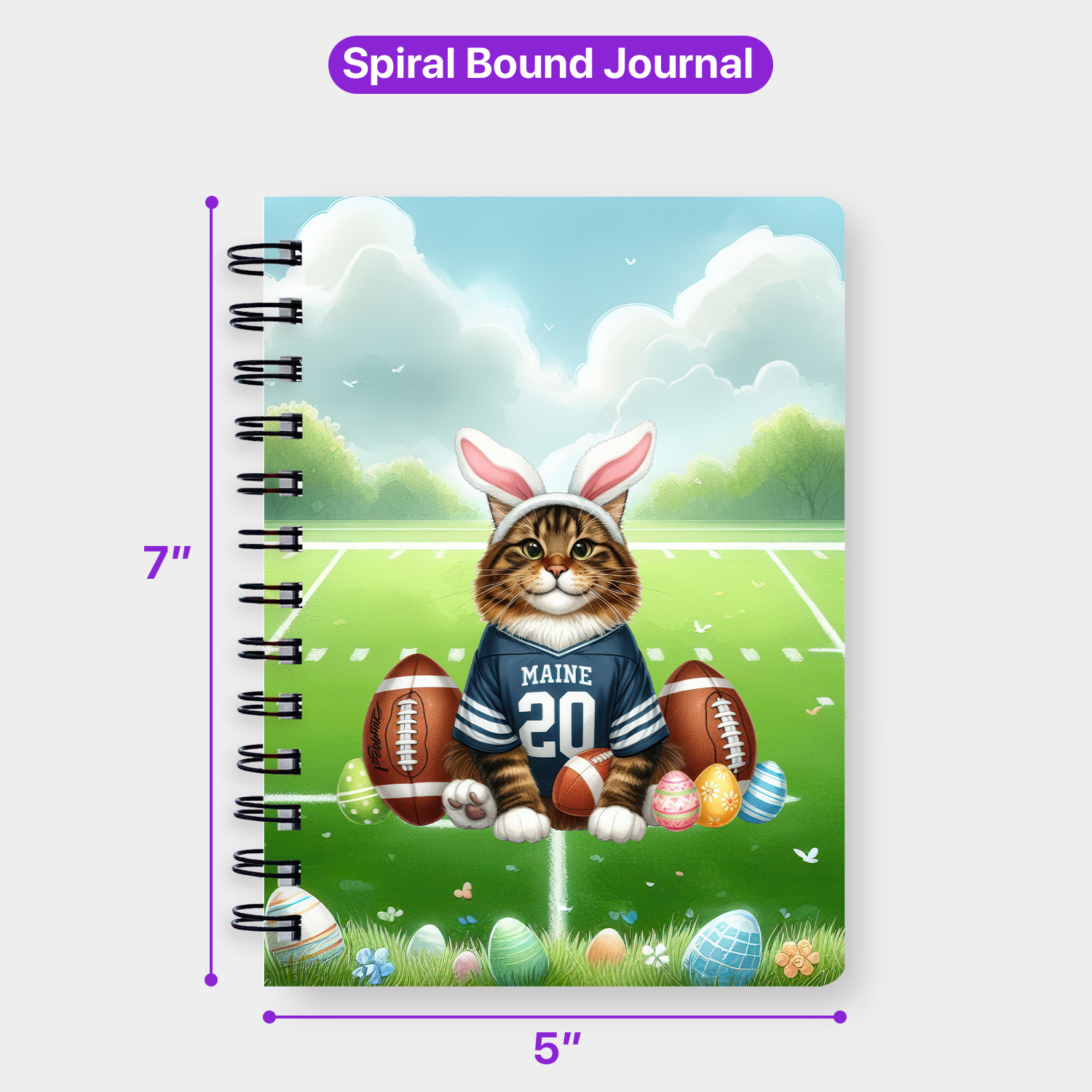 Happy Easter Hello Spring Maine Coon Playing Football Spiral Bound Journal Cat Lover Kitten Owner Gifts 5x7in Spiral Notebook - 13003