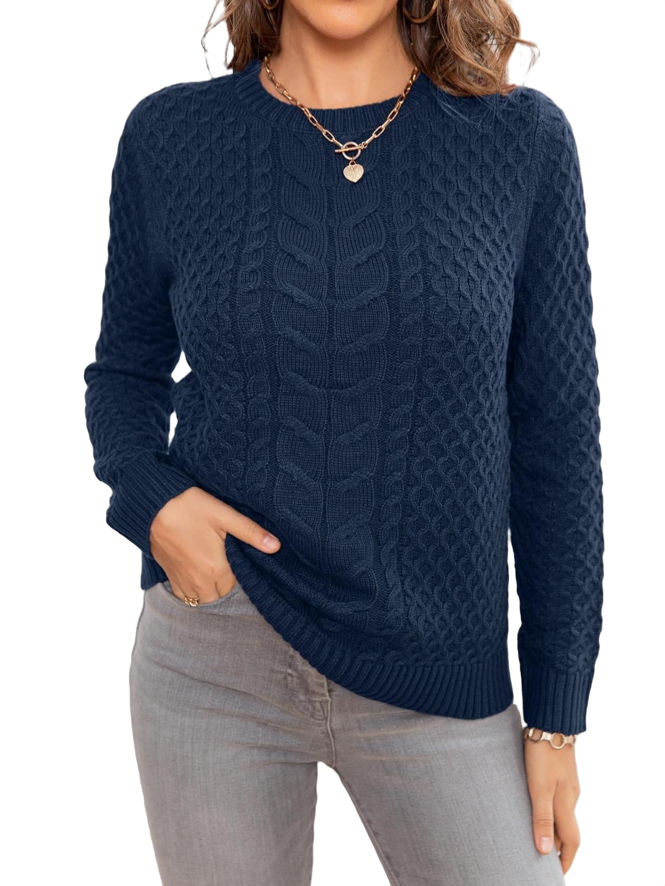 Casual Solid Round Neck Pullovers Long Sleeve Navy Blue Women's