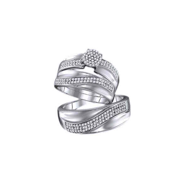 AFFY White Natural Diamond Wedding Trio Ring Set In 14k White Gold (0.25 Cttw)