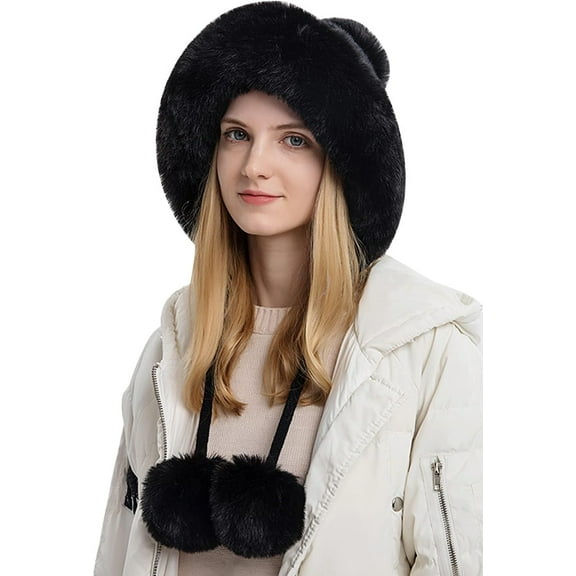 Women Knit Beanies Hats Winter Peruvian Cover Ears Faux Fur Crochet Skull Cap with Pompom Fluffy Fleece Lined