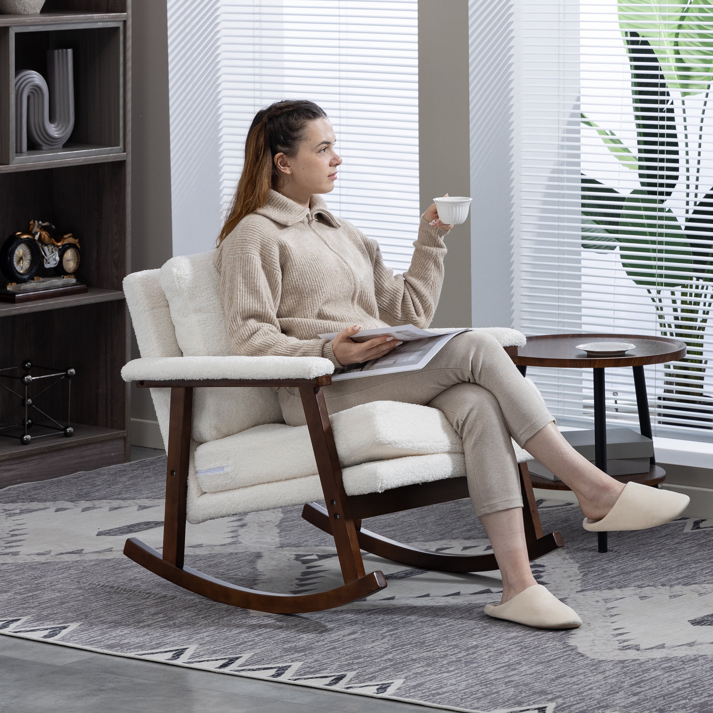 Paproos Rocking Chair, Paproos Velvet Upholstered Rocker Chair, Glider Rocker Accent Chair with Cushion, Rocking Chair for Nursery, Armchair Reading Chair for Living Room Bedroom, White