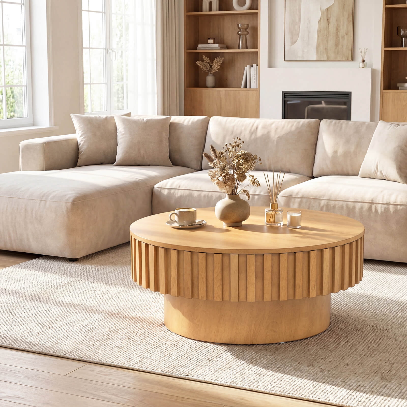 Costway Round Coffee Table with Storage, Wooden Drum Coffee Table with Hidden Compartment Natural