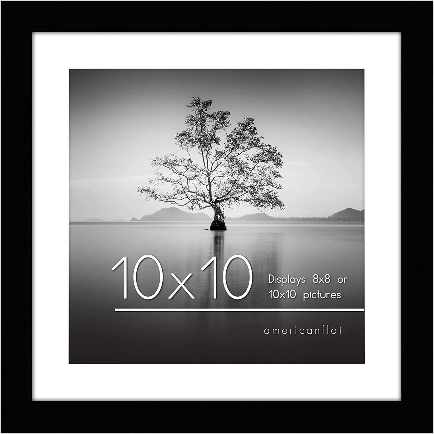 Americanflat 10x10 Picture Frame in Black - Displays 8x8 With Mat and 10x10 Without Mat - Composite Wood with Shatter Resistant Glass - Horizontal and Vertical Formats for Wall