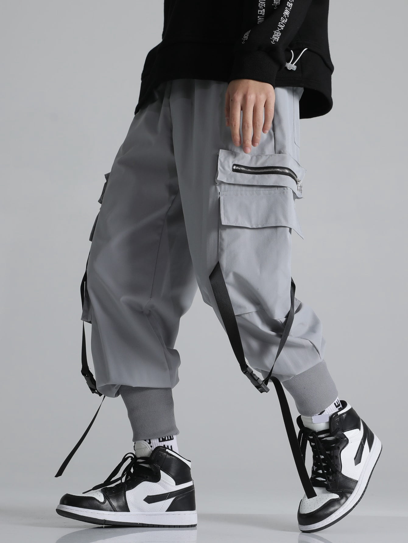 Men Flap Pockets Buckle Tape Cargo 