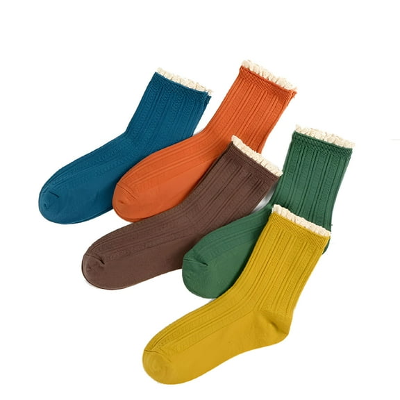 TELOLY 5 Pairs Women Lace Edge Ruffle Ankle Socks Frilly Autumn Winter Cotton Color Knit Double Solid