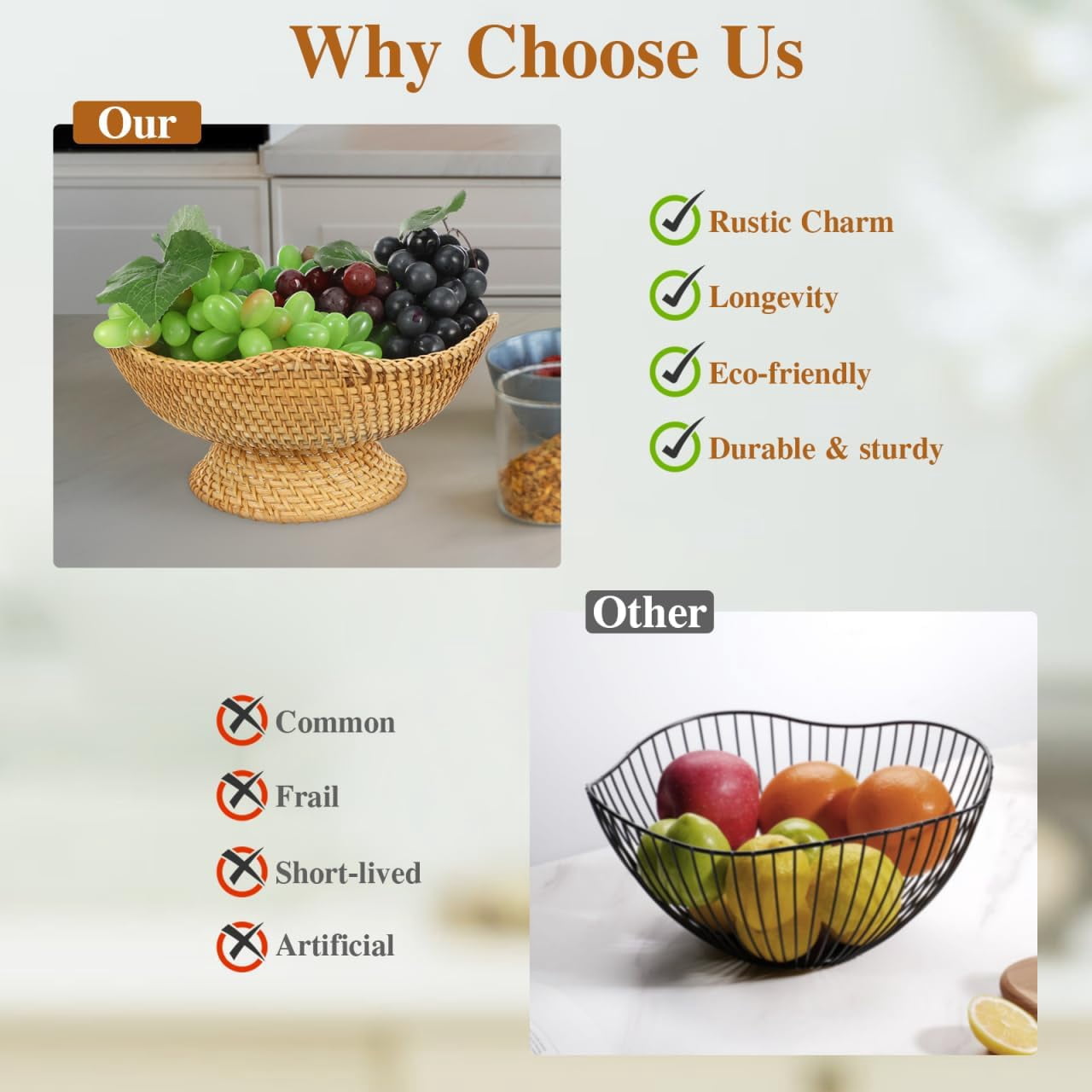 Supbessel Rattan Fruit Bowl, Small Round Wicker Basket, Natural Pedestal Bowl for Fruit Bread Storage Organization, Dining Table Centerpiece, 9.8''x9.8''x5.5''