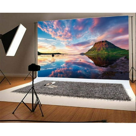Image of ABPHOTO 7x5ft Photography Backdrop Seaside Colorful Summer Sunset with Kirkjufell Mountain Nature Landscape Blue Sky White Cloud Photo Background Backdrops