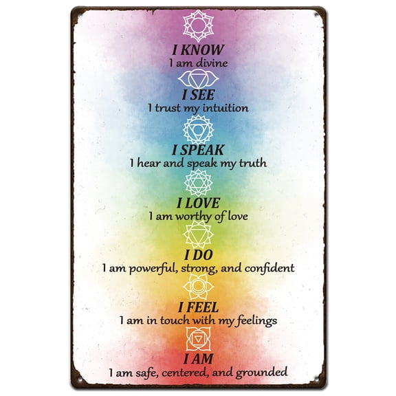 7 Affirmations Metal Tin Signs Meditation Retro Metal Poster Watercolor Woman Motivational Vintage Wall Art Decor Studio Tin Sign for Home Living