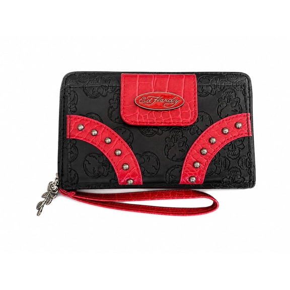 Ed Hardy Skull Embossed Zip Around Wristlet Wallet for Women, Faux Crocodile Trim, Multi-Compartment Organizer, 8 x 4.5 in (Black/Red)