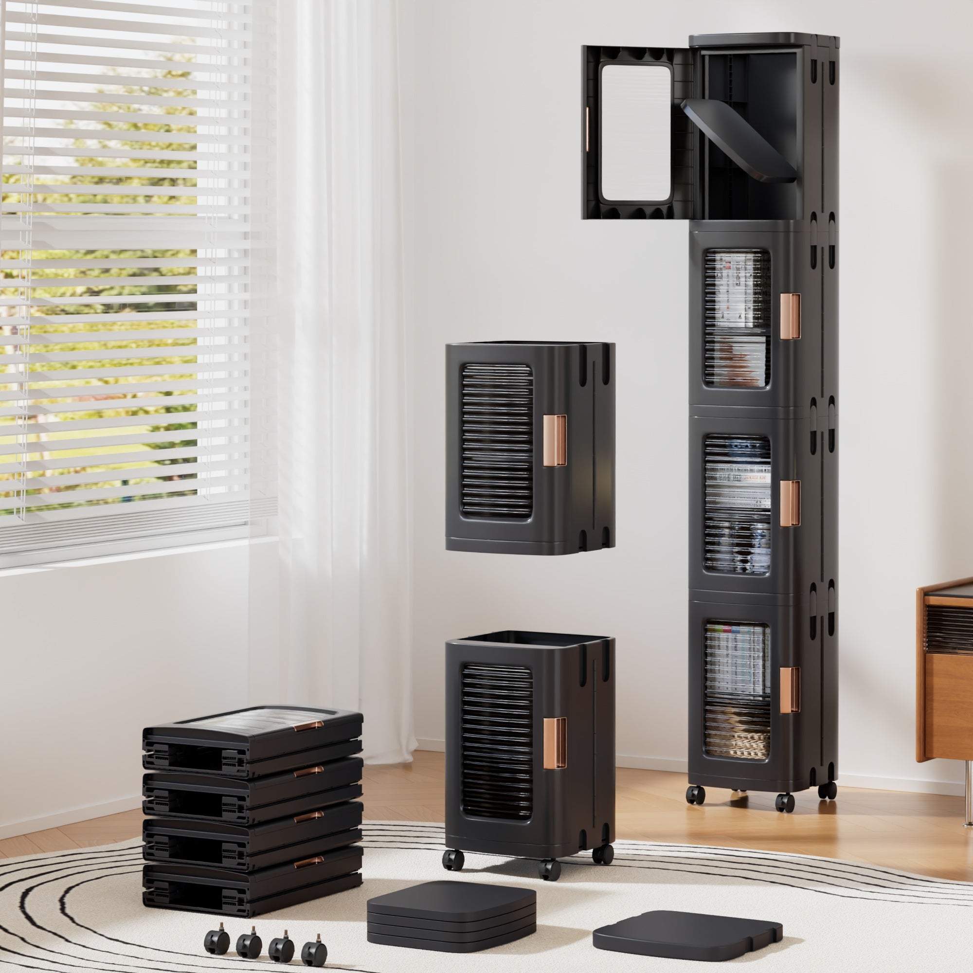 Slim Narrow Plastic Storage Cabinet with Adjustable Shelves, Doors & Wheels, Waterproof & Dustproof Design,Black