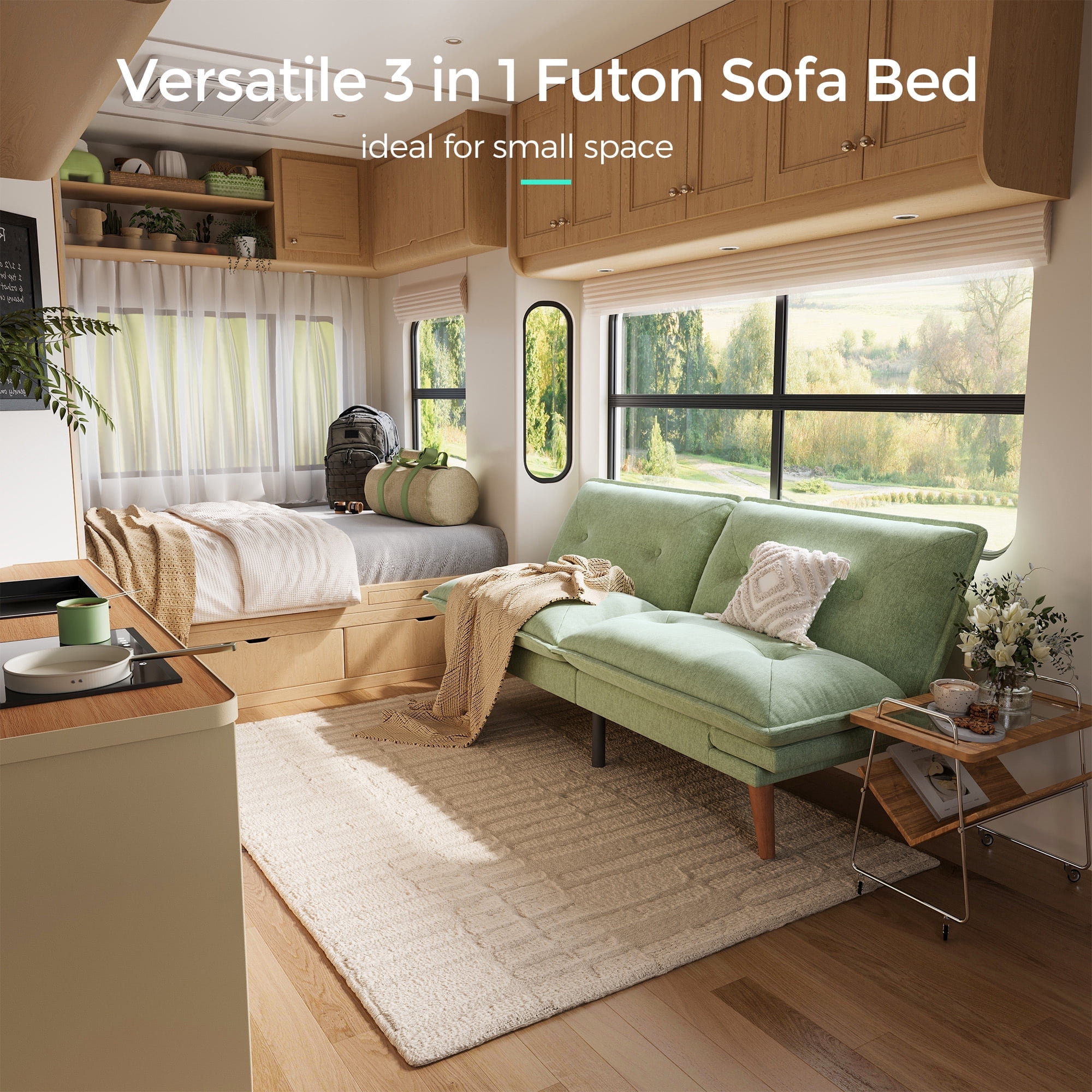LINSY HOME Futon Sofa, Modern Loveseat Sofa, Chenille Convertible  Bed with Adjustable Armrests forA partment, Green