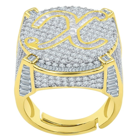 Mens Gold Tone Baguette/Round Cut Simulated Diamond Initial Letters Alphabet "X" Ring Band