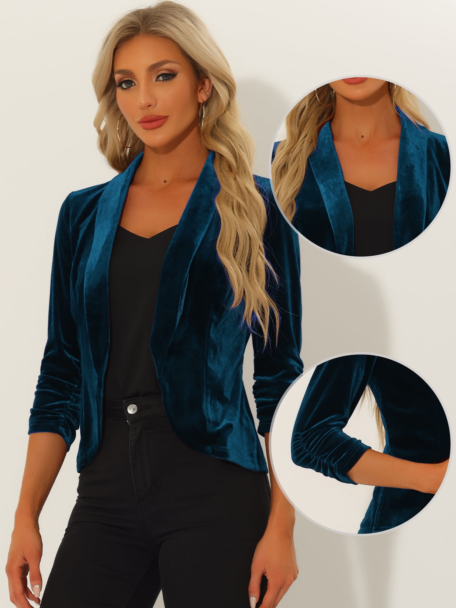 DARING DIVA Women's Velvet Shawl Lapel Collar Open Front Cardigans XS Peacock Blue