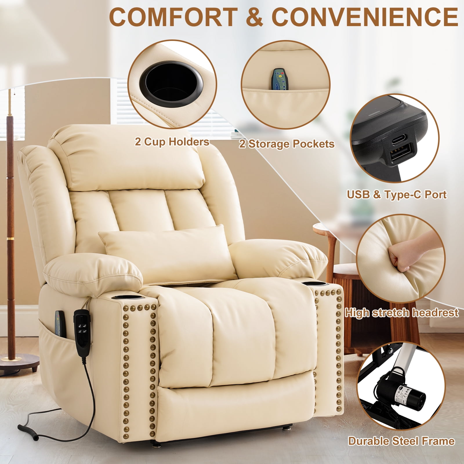 INGALIK Dual Motor Power Lift Recliner Chair, Infinite Position Lay Flat Recliners for Adult & Elderly with Heat & Massage, Cup Holder, Type-C Charge for Living Room, Leather (Beige)