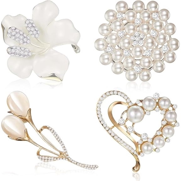4 Pcs Premium Floral Brooch Pin Set, Exquisite Pearl & Crystal Design, All-Season Brooches for Women's Suits Dresses Gifts
