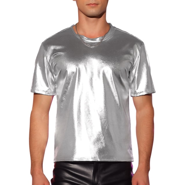 Camiseta metálica de hombre INSPIRE CHIC, cuello redondo, mangas cortas, brillante, para fiesta y discoteca, talla XL, gris
