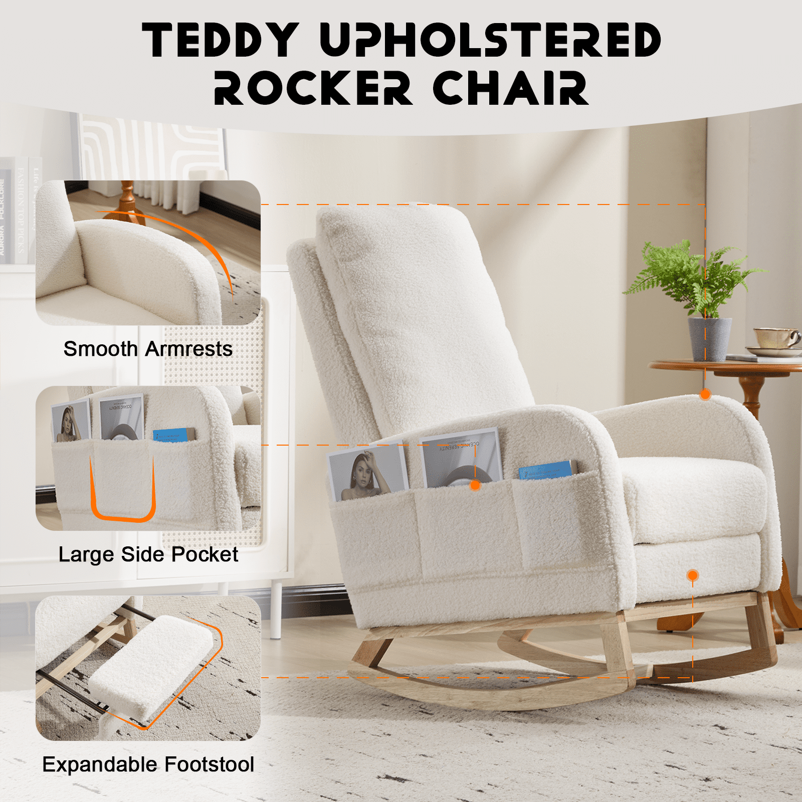 Outdoor Rocking Chairs Modern Accent Rocking Chair Rocking Chair with Solid Wood Legs, Upholstered Nursery Glider Rocker with Side Pocket and Footrest, Living Room Lounge Arm Chair with High Backres