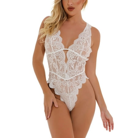

Avamo Ladies Sleepwear Floral Lingerie Deep V Bodysuit Teddy Babydoll Backless Club Nightwear White L