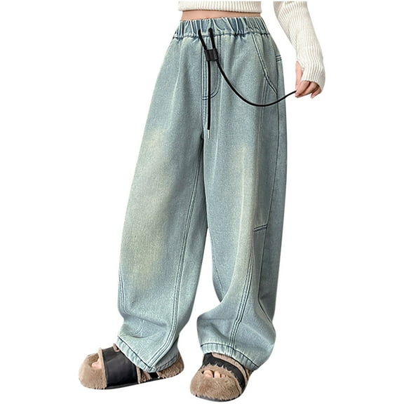 Kaemgyyd 5-16 Years Girls Jeans Fashion Baggy Drawstring Trousers Casual High Waist Wide Leg Denim Pants with Pockets