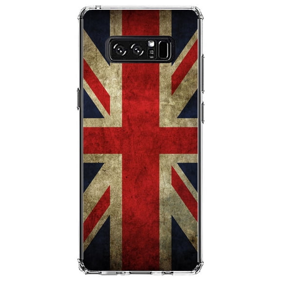 DistinctInk Clear Shockproof Hybrid Case for Samsung Galaxy Note 8 - TPU Bumper, Acrylic Back, Tempered Glass Screen Protector - Red White Blue British Flag Old - the UK