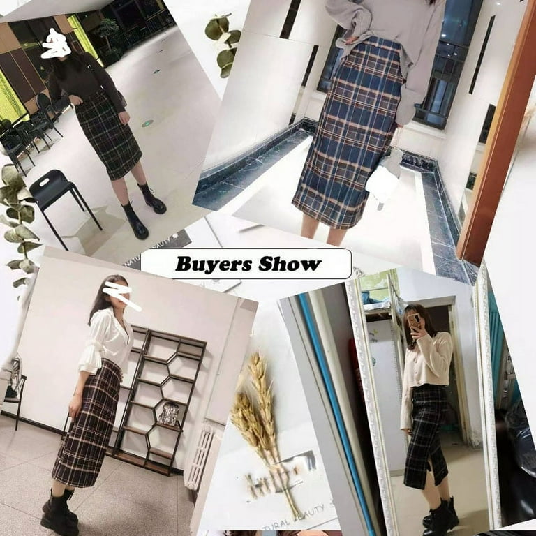 DanceeMangoo Korean High Waist Womens Plaid Skirt Autumn Winter Vintage Mid long A line Skirts Female Fashion Split One step Skirt Walmart