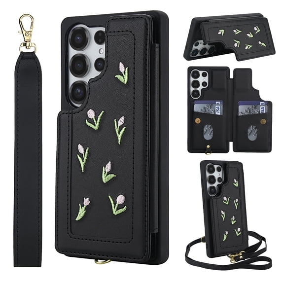Dteck Wallet Case for Samsung Galaxy S23 Ultra,Magnetic Leather Card Slots Wallet Case Shockproof Rubber Kickstand Back Cover with Detachable Shoulder Strap/Wrist Strap,Black