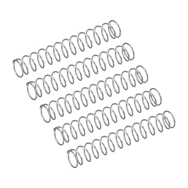 Unique Bargains Compression Spring, 5 Pack made of 304 stainless steel with a 5mm outer diameter, 0.4mm wire diameter, and 30mm length. These silver-tone springs feature smooth, even spacing and high elasticity, ideal for hardware fasteners, shock absorption, and applications like appliances, electronics, and motor equipment.