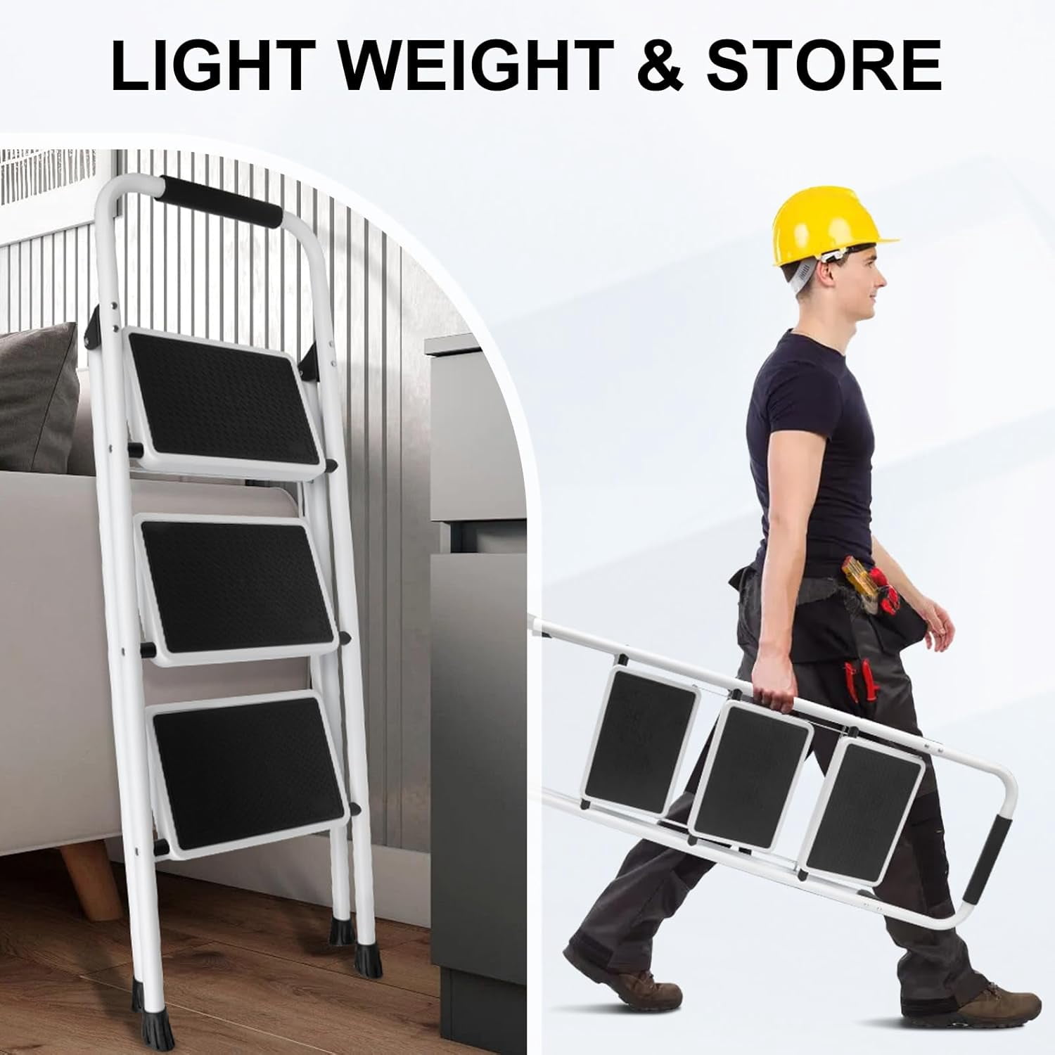 3 Step Ladder, Folding Step Stool with Wide Anti-Slip Pedal, 330lbs Sturdy Steel Ladder, Convenient Handgrip, Lightweight, Portable Steel Step Stool