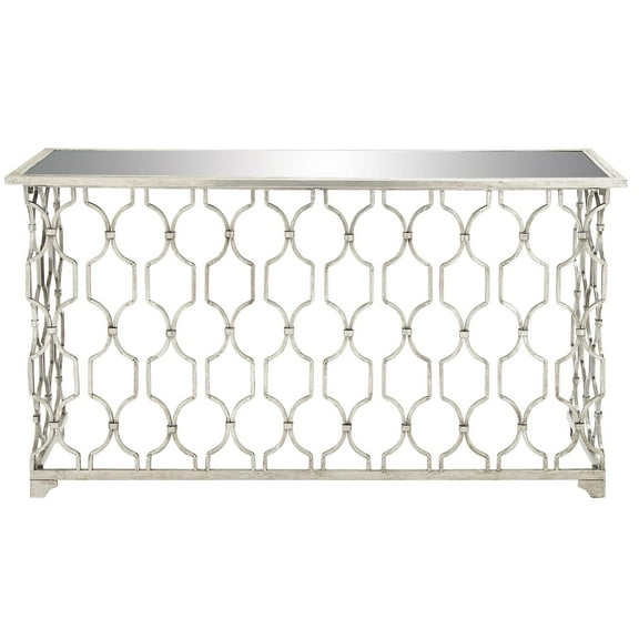 DecMode Contemporary Rectangular Metal with Mirror Top Console Table, 55"W x 32"H Features Silver Circular Trellis Pattern