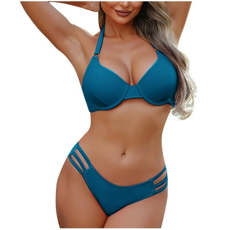 Bigersell Push up Swimsuits for Women Trendy Cut Out Bikini Bottoms Halter Swimsuits Padded T-Shirt Bra 2 Piece Bathing Suits Vacation Swimwear Light Blue XL