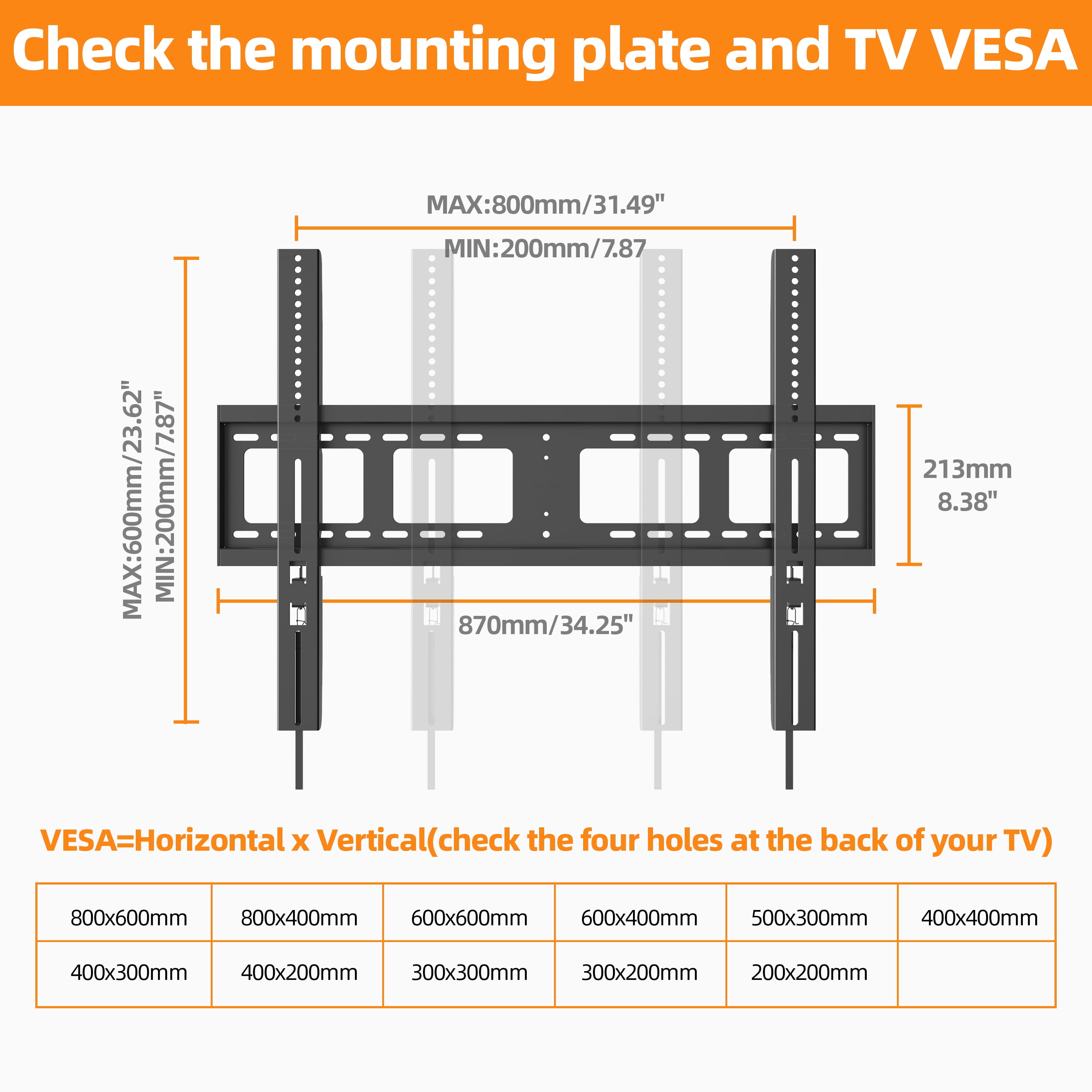 MountLiving Heavy Duty Fixed TV Mount for 42 to 120 inch Flat TVs, Low Profile TV Wall Mount Holds 200 lbs, Max VESA 800x600, Fits 16"/18"/32" Studs