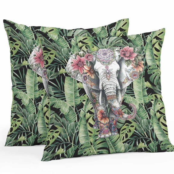 Outdoor Throw Pillows Covers 18X18 Set of 2 Waterproof Tropical Botanical Decorative Zippered Cushion Covers for Patio Furniture, Elephants Palm Leaves Floral Lumbar Pillowcases Green Gray