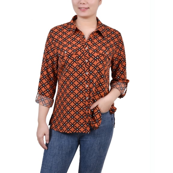 NY Collection Women's 3/4 Sleeve Roll Tab Notch Collar Blouse Orange Size Petite Medium